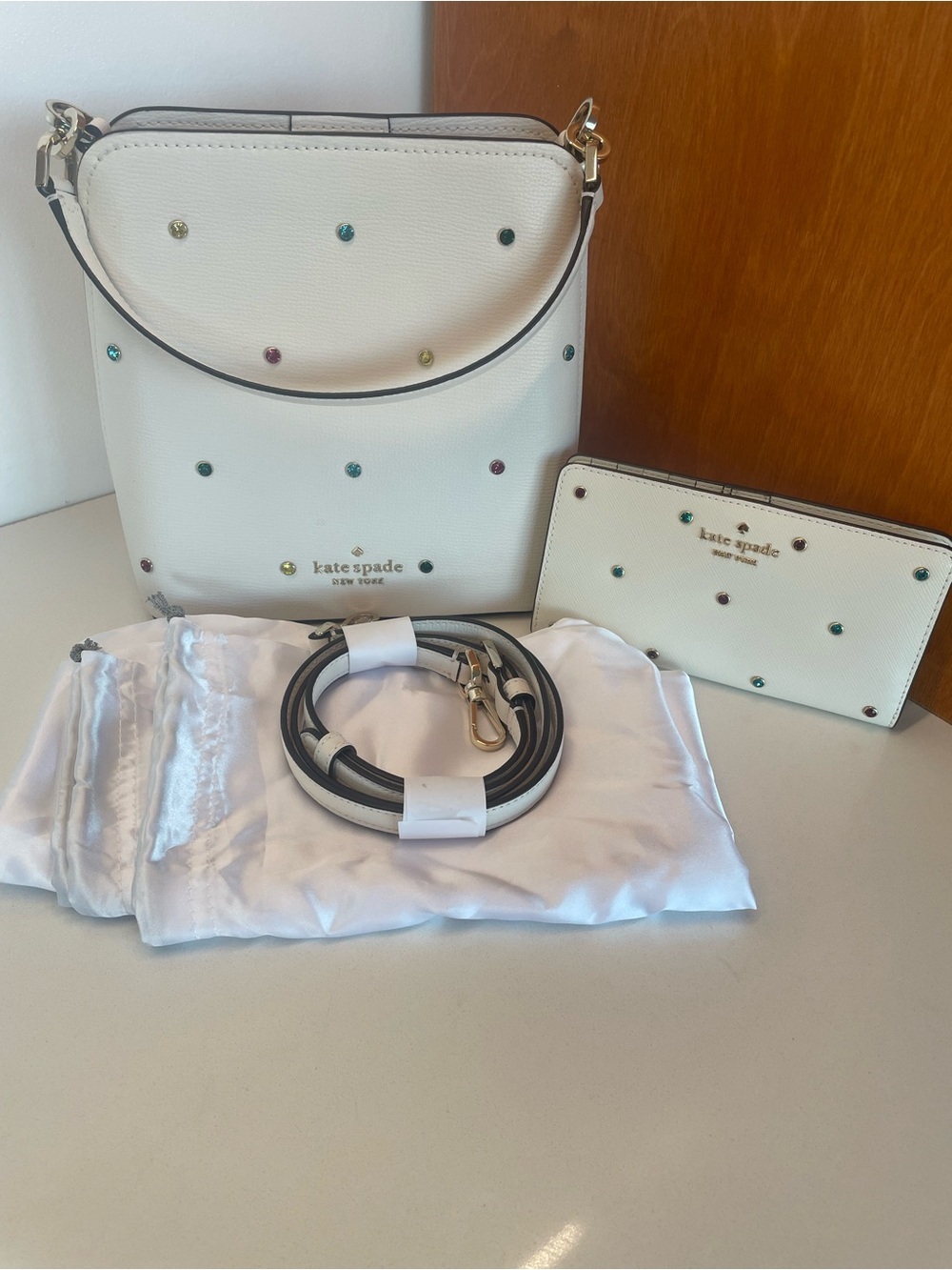 Kate Spade Darcy Small Bucket bag and wallet- cream multi studded gem accent